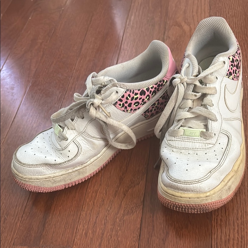 White, pink, green cheetah Nike kids Air Forces